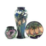 Two Moorcroft vases, and a pin dish