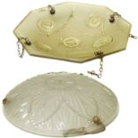 French amber-tinted pressed glass ceiling light bowl and one other.