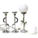 20th-century chromium-plated table lamp and two others