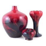 Two Royal Doulton Flambe vases and a bowl,