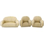 Art Deco design three piece suite comprising a two-seater sofa and two chairs