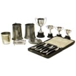 A collection of trophy's, tankards, etc