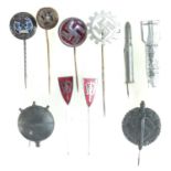 Ten German Third Reich and other stick pin badges,