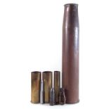 Four shell cases, section mortar fuse, drill round and one other bullet head