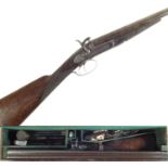 Thompson of Hexham 12 bore pinfire double barrel shotgun with a period case.