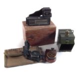 Marine distance meter, Weldon range finder, compass, spare parts case (empty) and a lantern,