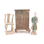 Ming period Chinese pottery figure, a chair and a model wardrobe / cabinet