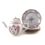 Chinese Armorial porcelain teapot and five plates.
