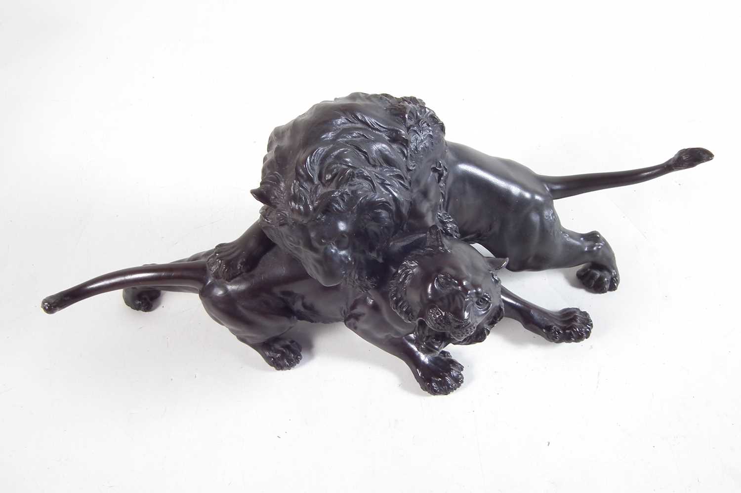 Twentieth century Japanese bronze model of a lion attacking a tiger. - Image 2 of 6