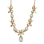 A 9ct gold aquamarine and split pearl necklace,