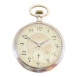 A silver open face pocket watch by Omega,