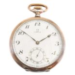 A silver open face pocket watch by Omega,