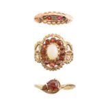 Three 9ct gold gem set dress rings,