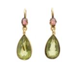 A pair of peridot drop earrings,