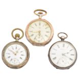 Three silver open face pocket watches,