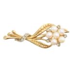 A 9ct gold cultured pearl and diamond brooch,