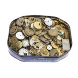 A box of pocket watch and wristwatch movements and parts,