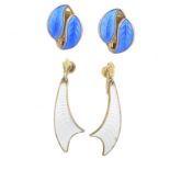 Two pairs of silver enamel earrings,