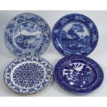 A collection of blue and white plates, to include a pair of Copeland Spode decorated in a Willow