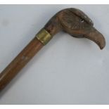 A Victorian walking cane, the wooden handle carved with a birds head, height 30.5ins