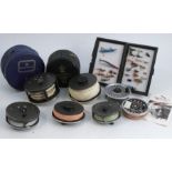 A collection of fishing related items, to include five Hardy Bros Ltd reels, a Marquis #6,