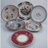 A collection of 19th century porcelain, to include a Spode bowl and a shaped square dish both