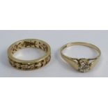A 9 carat gold openwork ring, finger size O, together with a 9 carat gold single stone diamond ring,