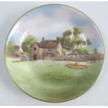 A Royal Worcester pin dish, decorated with a view of Sulgrave Manor by DeLaney, diameter