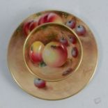 A Royal Worcester miniature sugar bowl, decorated with fruit, diameter 2ins, together with a saucer,