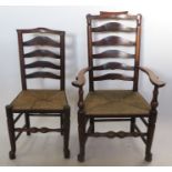A set of 8 (6+2) Antique oak ladder back dining chairs, with rush seats and turned