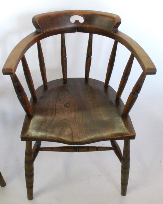 A pair of captain armchairs, with spindle backs, turned legs united by turned stretchers - Image 2 of 2