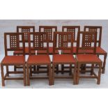 Robert Thompson Mouseman, a set of 8 single dining chairs, with square lattice design to the back,