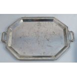 A silver presentation tray, of rectangular form with canted corners and a pair of handles, with
