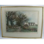 H C Fox watercolour, rural scene with sheep and farmer in a lane, 14.5ins x 21ins