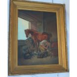 John E Metcalf, oil on canvas, after the original by J F Herring, blacksmith shoeing a horse, 39.