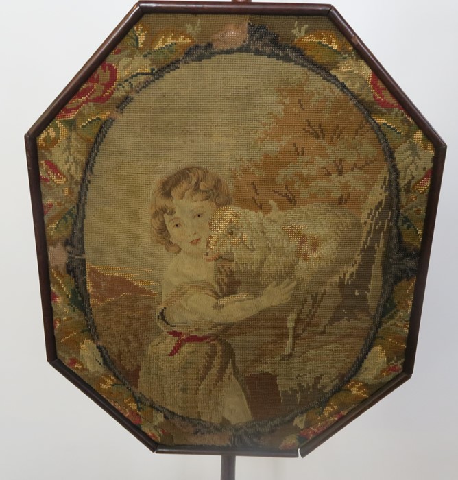 A 19th century mahogany pole screen, the octagonal screen decorated with a tapestry panel of a - Image 2 of 3