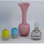 A millefiori glass paperweight scent bottle, the base decorated with different coloured bands of