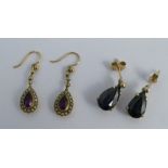 A pair of Edwardian amethyst and seed pearl drop earrings, together with a pair of single stone drop