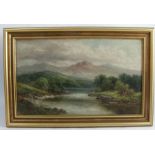 W E Ellis, oil on canvas, river landscape with figures and boat, af, 11.5ins x 19.5ins