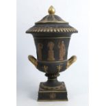 A late 19th century Wedgwood bronzed black basalt covered campana urn, decorated with Classical