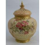 A Royal Worcester blush ivory crown top pot pourri, decorated with floral sprays with basket weave
