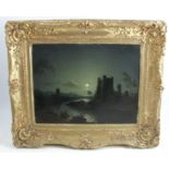 After Samuel Pether, oil on canvas, moonlit landscape with water and buildings, label to reverse,