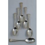 A set of six silver Kings pattern double struck tea spoons, engraved with a crest, London 1845,
