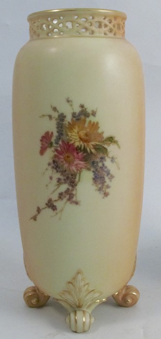 A pair of Royal Worcester blush ivory vases, with pierced necks and decorated with floral sprays, - Image 2 of 3