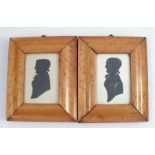 Two 19th century portrait silhouettes, the one highlighted in gilt, within maple frames, 4ins x