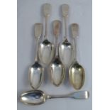 A set of six silver fiddle pattern serving spoons, engraved with an initial, Sheffield 1909, maker C