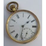 An open faced pocket watch, stamped '18k', the white enamel dial with black Roman numerals,