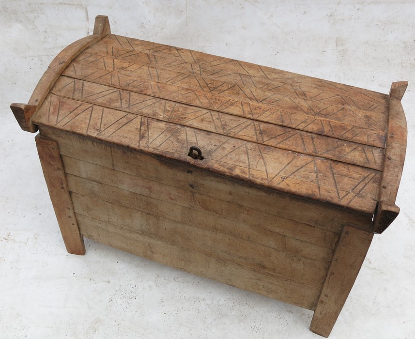 A continental late 19th century beech grain or marriage chest, with slightly domed rising lid and - Image 2 of 4