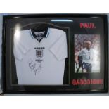 A framed England football shirt, signed by Paul Gascoigne, England 4 Netherlands 1 18.06.96, with