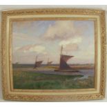 Sir John Arnesby Brown, oil on canvas laid on board, Norfolk wherries putting out to sea from an